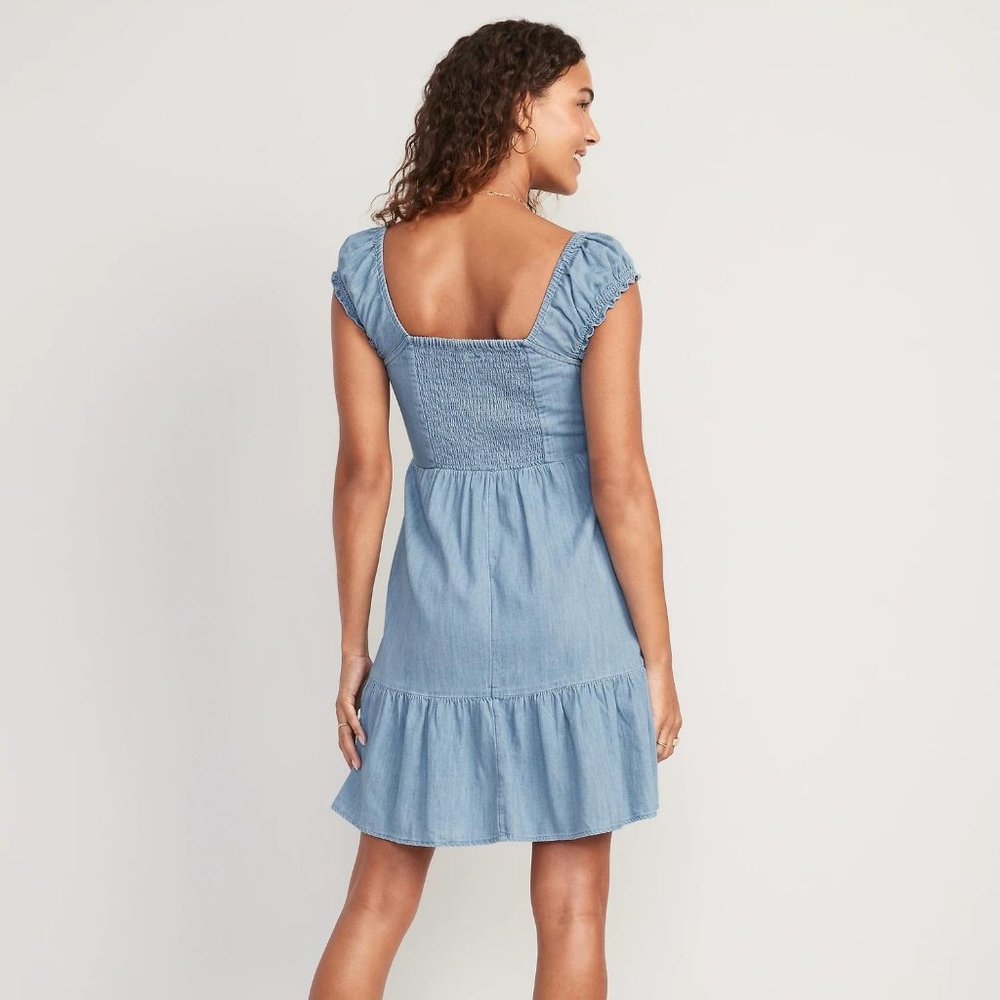 Old Navy Fit & Flare Puff-Sleeve Smocked Jean Mini Dress for Women New - Picture 2 of 5